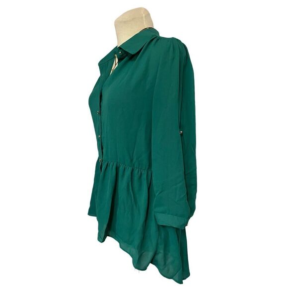 Papaya Women's Green Button Up Blouse with Peplum High Low Hem Size M - Picture 1 of 9